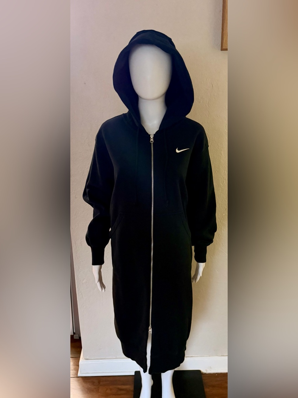 Nike Black Full-Length Zip Hooded Utility Jacket with White Swoosh